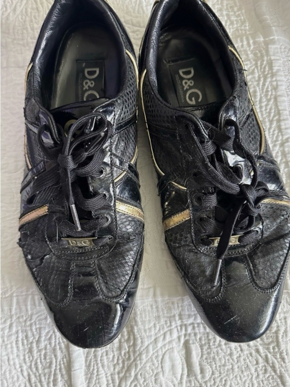 Dolce & Gabbana Black Gold Leather Classic Women's Size 10 Sneakers Authentic